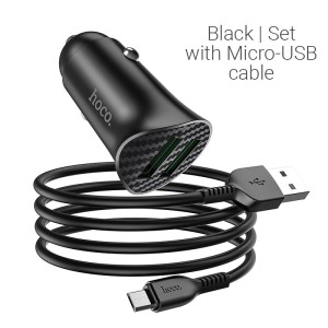 hoco-z39-farsighted-dual-port-qc3.0-car-charger-set-with-micro-usb-cable-black